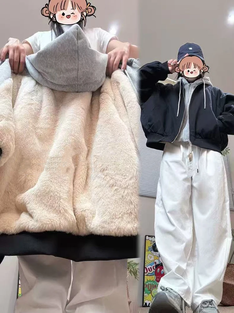

Y2K Thick Patchwork Hooded Jacket Winter Fashion Plush Warm Casual Fake 2 Piece Coats Bf Korean Loose Streetwear All Match Parka