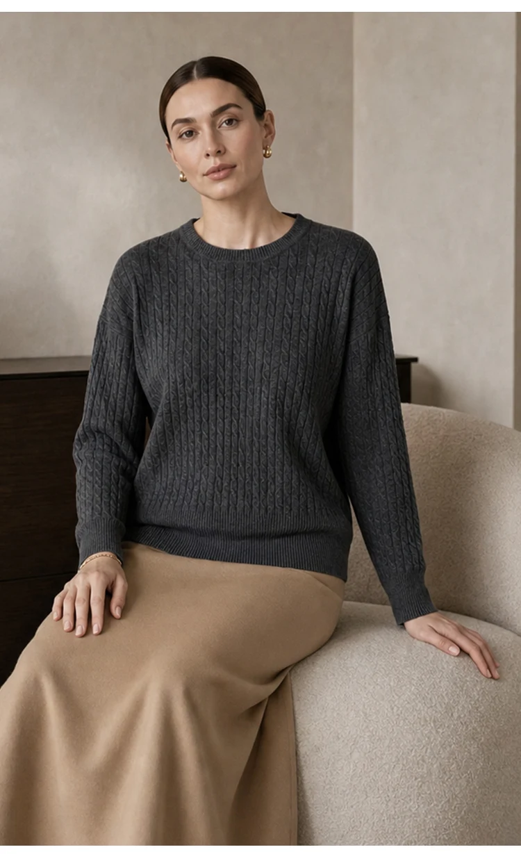 ML62062 Damen Minimalistischer Zopfmuster-Pullover mit Rundhalsausschnitt, Langarm, Modal-Mischung, Weich und Warm, Herbst-Winter-Oberteil – Detail 10
