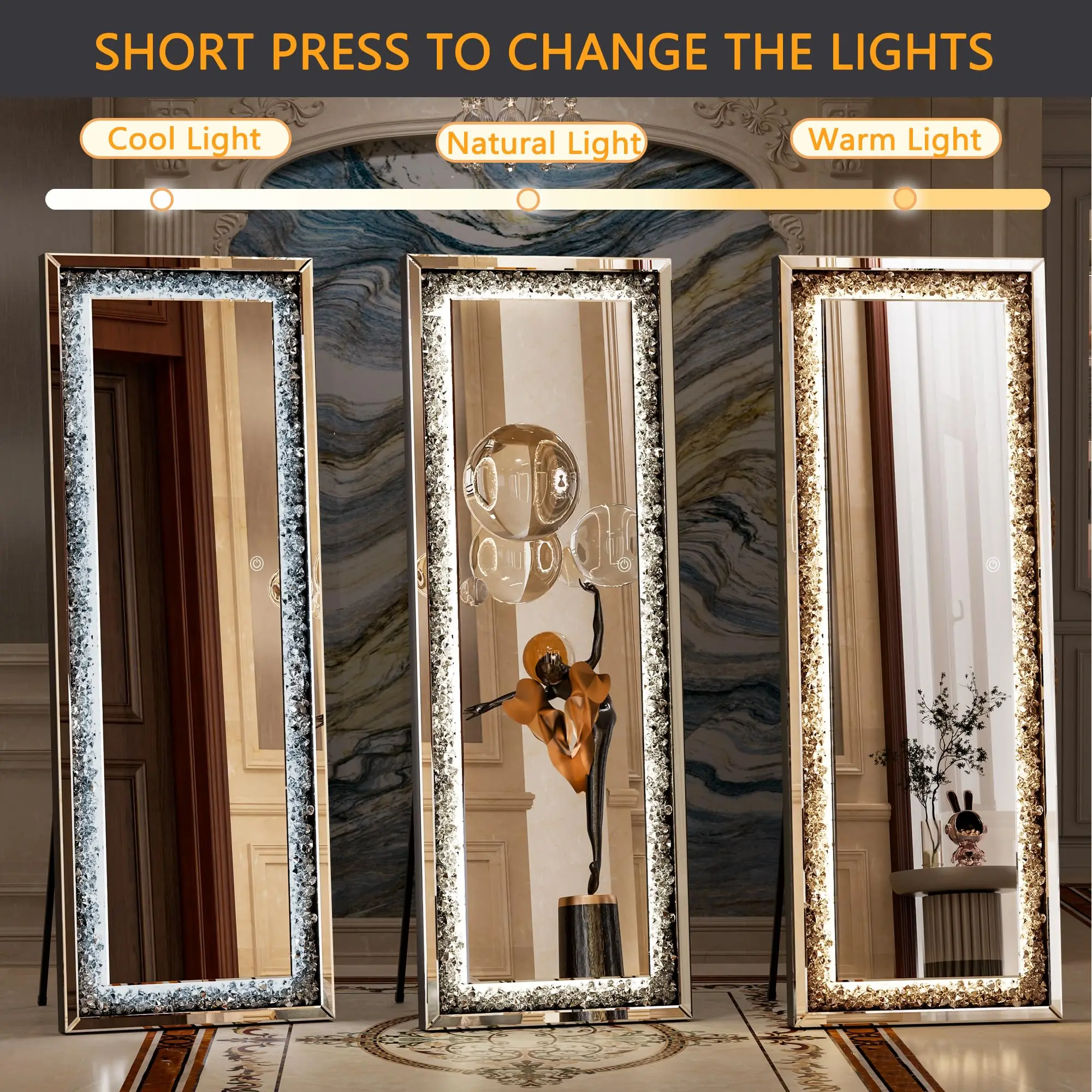 Pełnowymiarowe lustro Hasipu 63 × 20 cali ze światłami i diamentem Crystal Crush, wiszące lustro diamentowe montowane na ścianie