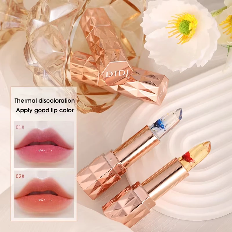 Lápiz labial Jelly que cambia de color, cálido y duradero, hidratante y no es fácil de pegar para la taza de bálsamo labial de flores