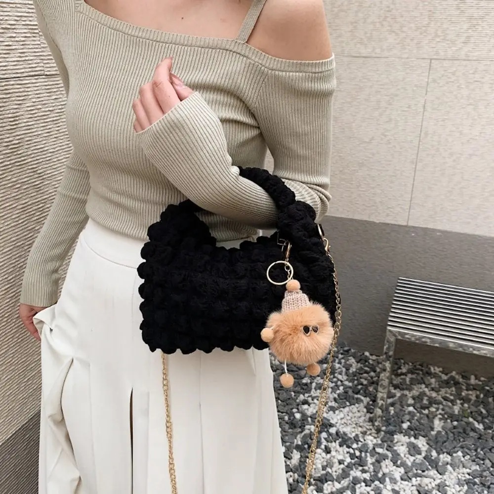 Korean Ins Bubble Shoulder Bag with Pendant Folded Underarm Bag Simple Canvas Handbag Women Lightweight Chain Crossbody Bag