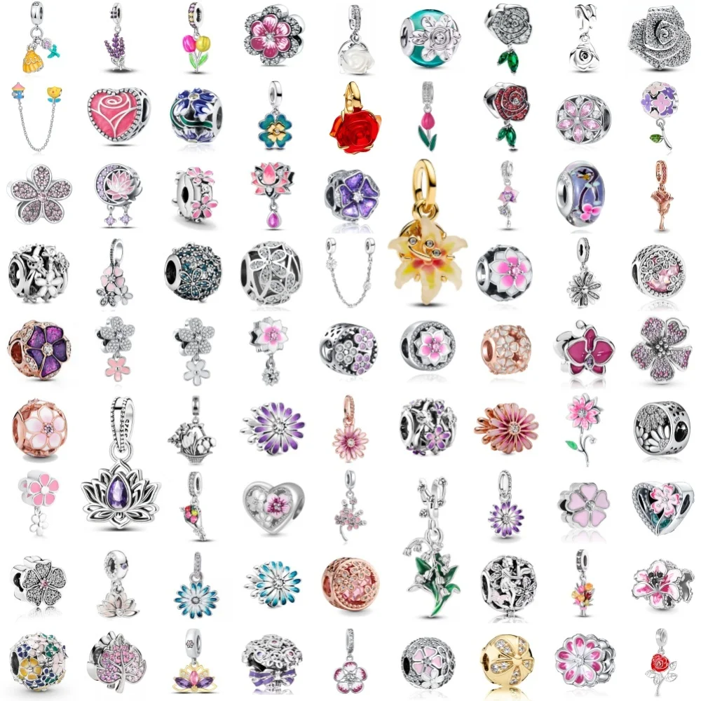 

Spring Flower clip Bead safety chain Rose lily lotus Charms Fit Original Bracelet Accessory 925 Silver Fashion Women DIY Jewelry