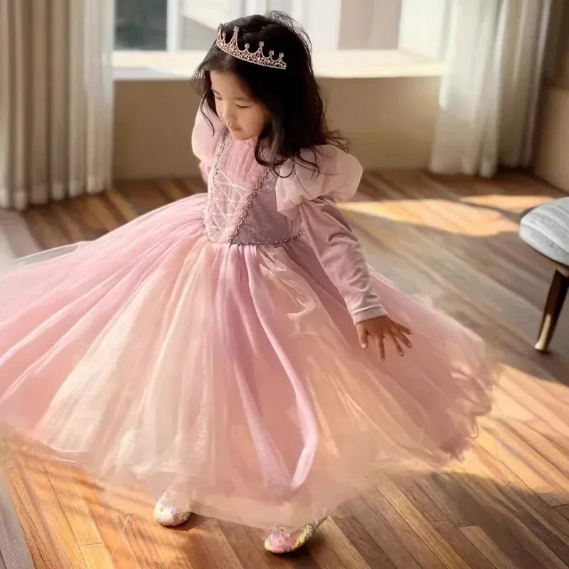 Rapunzel Princess Autumn/Winter Velvet Dress Halloween Carnival Fantasy Girl' Cosplay Dress Bubble Sleeves Birthday Dress