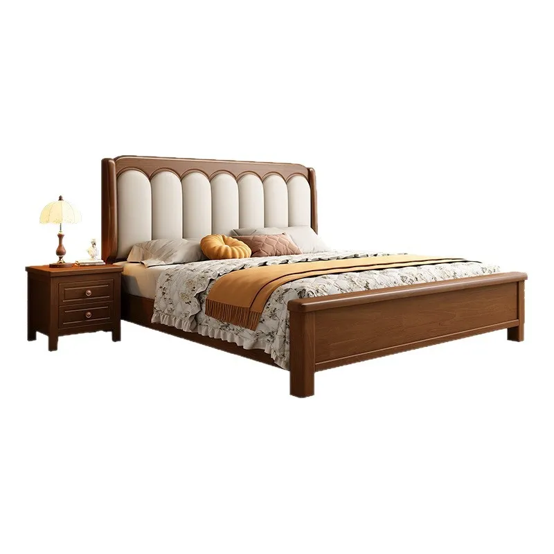 

French retro solid wood bed, American homestay medium and ancient style, simple art style, double soft master bedroom bed