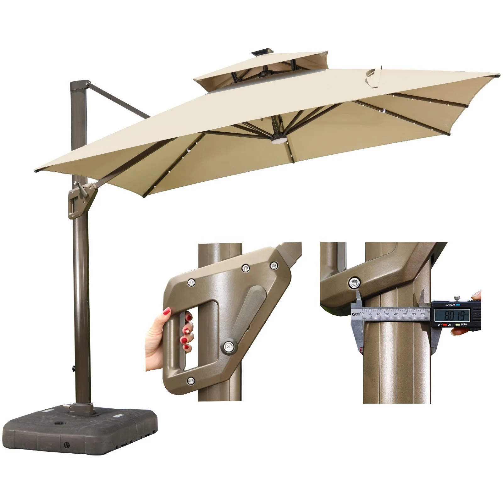 3m Square Sun Umbrella Outdoor Umbrella with LED Light strong Roman umbrellas parasol with solar panel