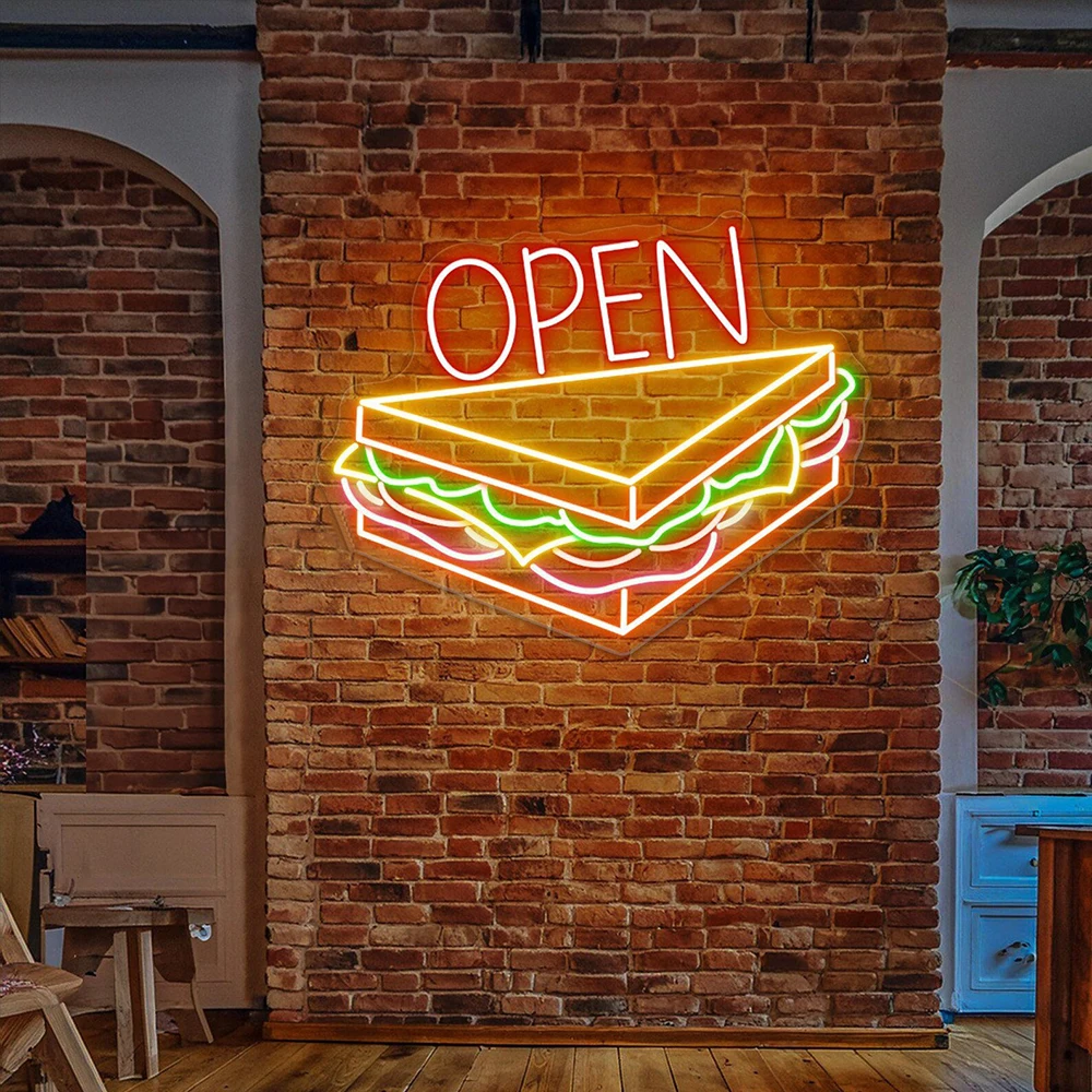 Letrero de neón abierto de sándwich para restaurante, decoración de arte de pared de comida rápida, letrero de luz Led, regalo de apertura personalizado