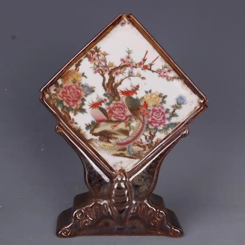 Chinese Antique Style Famille Rose Porcelain Figure & Flower and Bird & Deer Pattern Mini Carve Screen Home Furnishing Ornaments