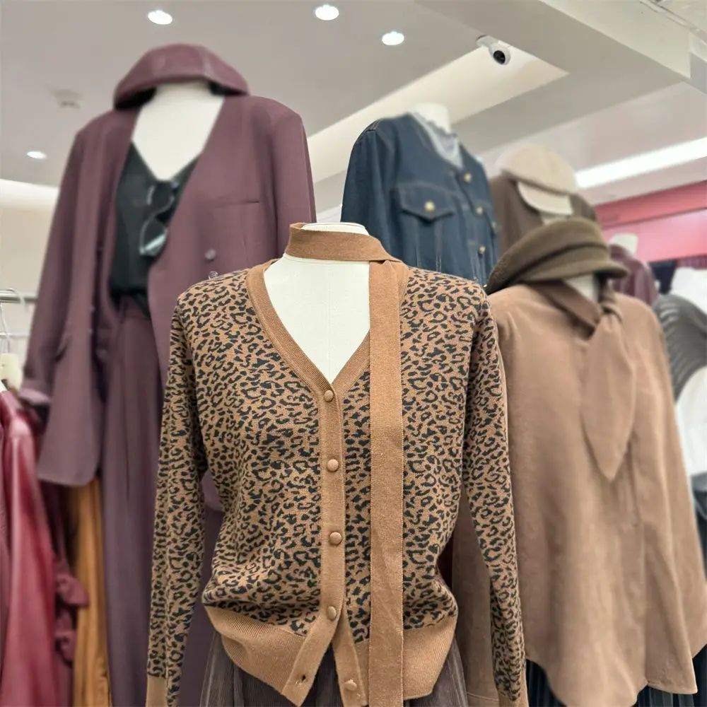 Vintage leopardo tendência outono inverno camisola moda com decote em v único breasted tricô cardigan topo t senhoras moda camisola casaco