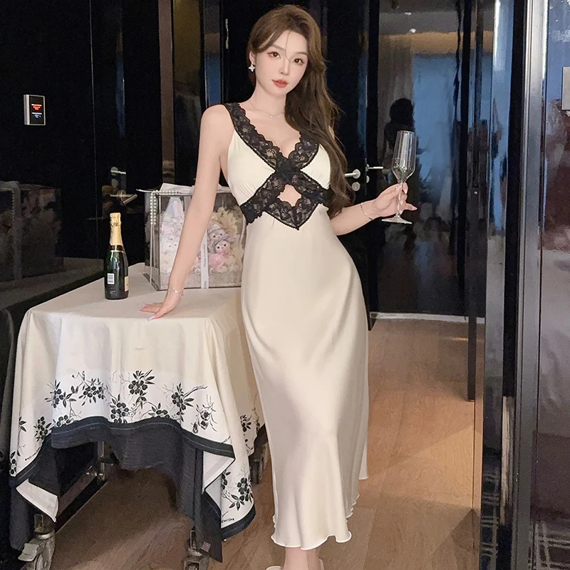 DAIMELU sexy pajamas women's summer new sleepwear with chest pad nightgown lady ice silk nightwear lace suspender nightdress