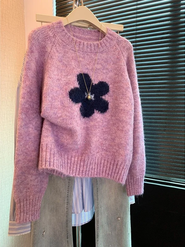 

plus Size 300 Pou Pink Knitted Sweater Women's Overhead Soft Fluffy Floral Patterned Top Loose Fit Polyester Fiber