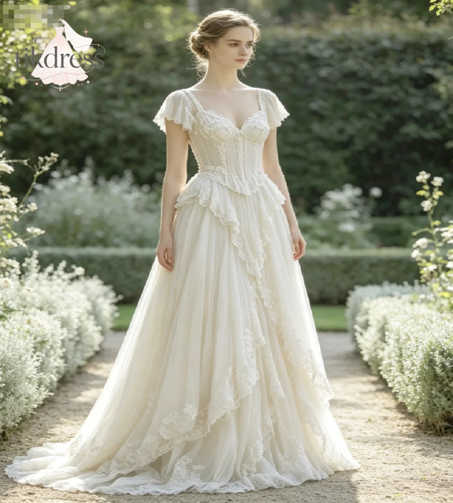 Fairy Boho A Line Celtic Wedding Dress Flutter Cap Sleeve Corset Bodice Ruffled Lace Tiered Bohemian Bride Dresses Gatsby Custom