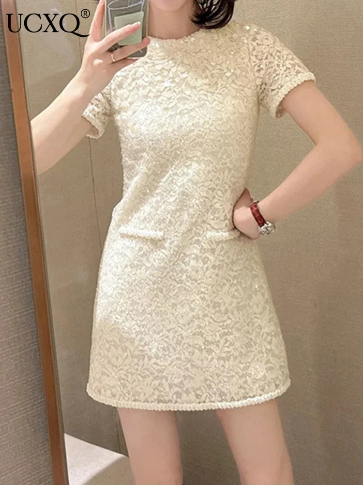 

UCXQ Fashion Short Dress Korean Style Hotsweet O Neck Patchwork White Sequin Elegant Party Dresses Women 2024 Spring Summer 9265