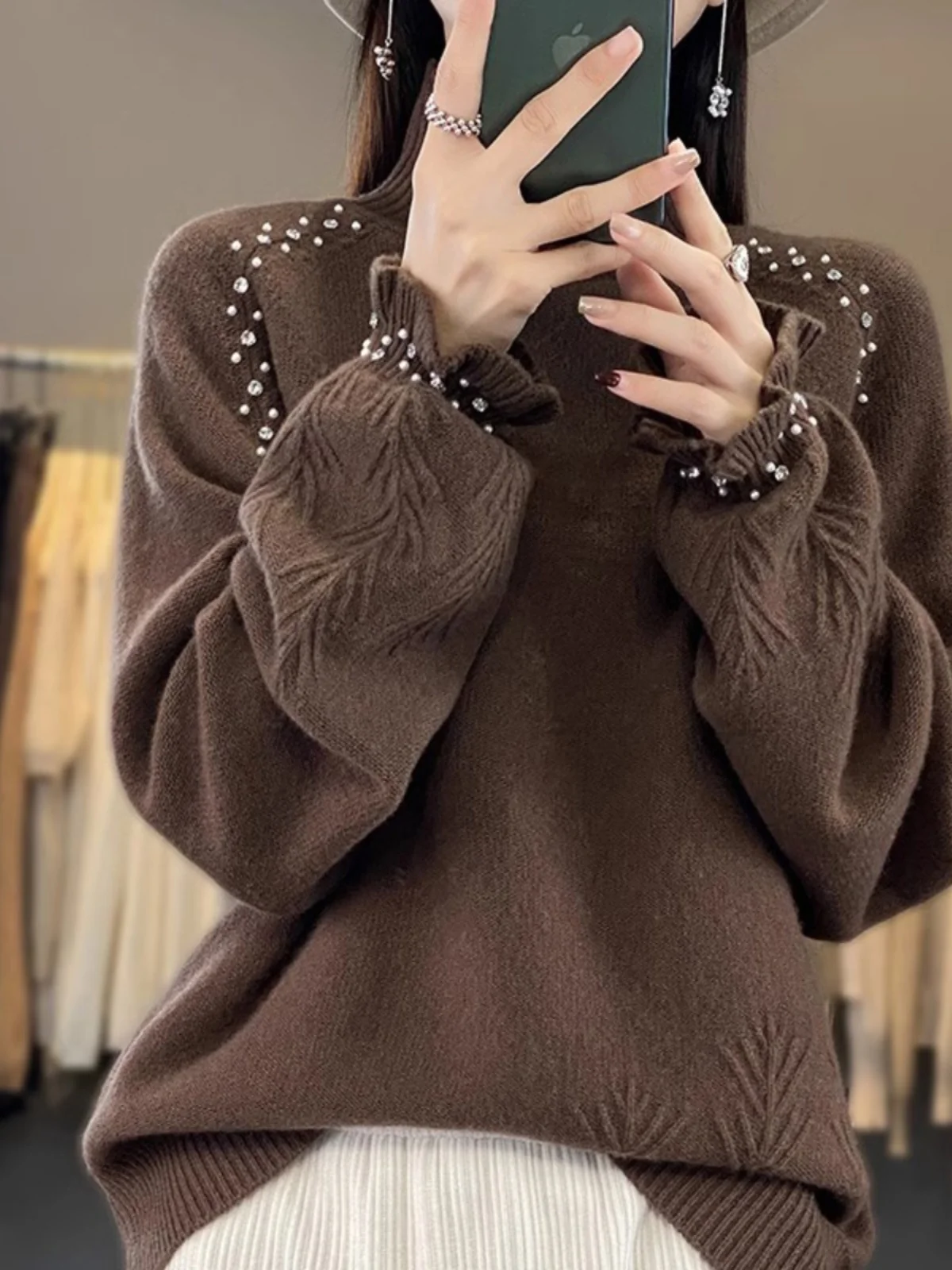 Heavy Embellied Loose Knitted Sweater Women's Autumn Winter High Collar Casual Inner Wear Comfortable Retro Sle Long S...