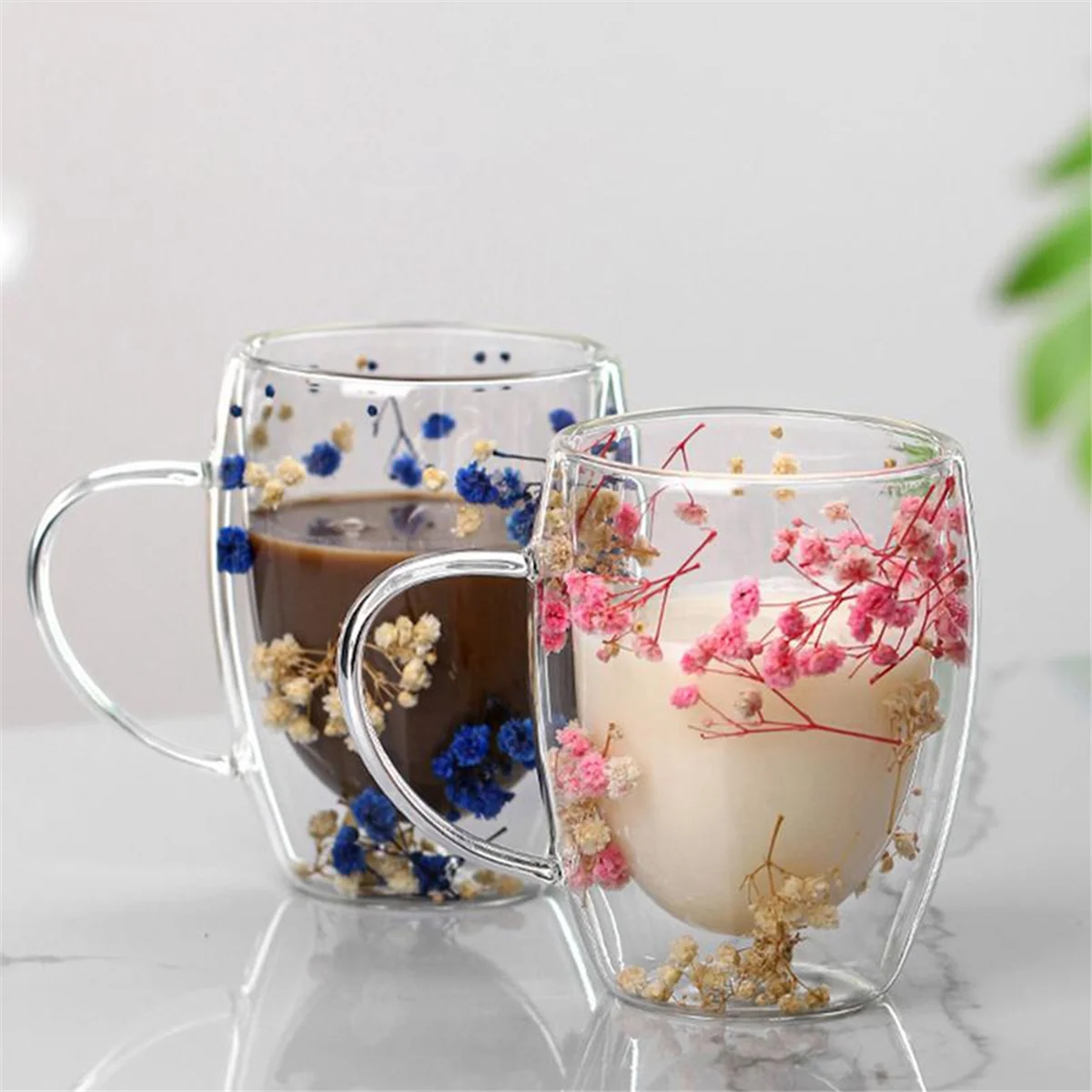 Creatives Real Flower Double Glass High Appearance Level Full Star Dried Flower Milk Coffee Glass 350ml Household Cup A