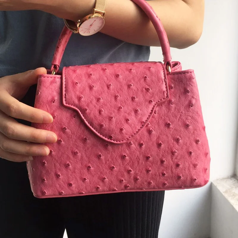 Classic Luxury Brand INS Hot Sales Handbag Women PU Ostrich Pattern Luxury Brand Designer Hot Pink Tote Shoulder Bag