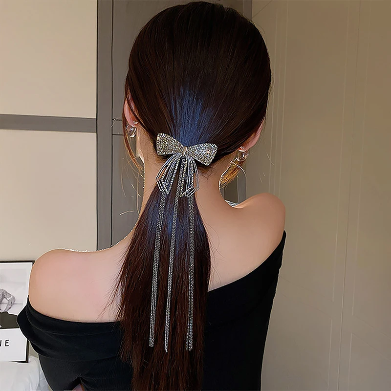 1PCS New Fashion Bow Tassel Hair Clips For Women Delicate Sparkly Rhinestone Tassel Hairpin Hair Accessories