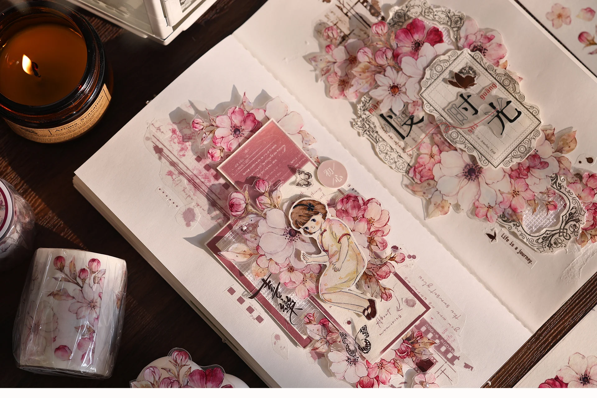 Taoyao Light Retro Pink and White Big Flower Washi PET Journal Sticker Goo Card Tape