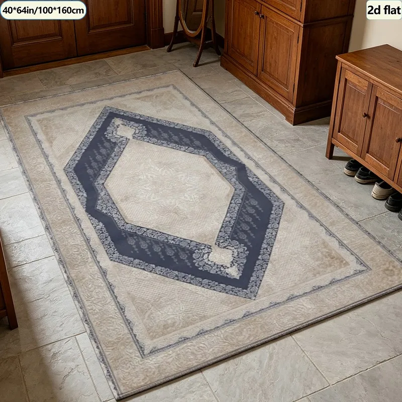 Vintage European Medallion Carpet Flooring, Beige Navy Layered Ornamental Area Rug Soft Floor Mat for Living Room Hallway Home Decor