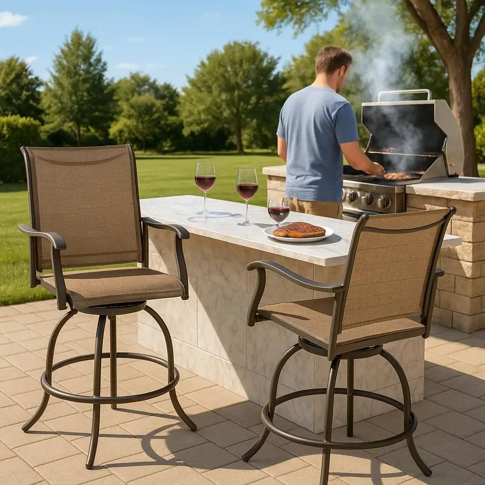 

Вращающиеся барные стулья для патио с сиденьями из текстилена, уличные стулья для барной стойки, для заднего двора и бистро, бежевые