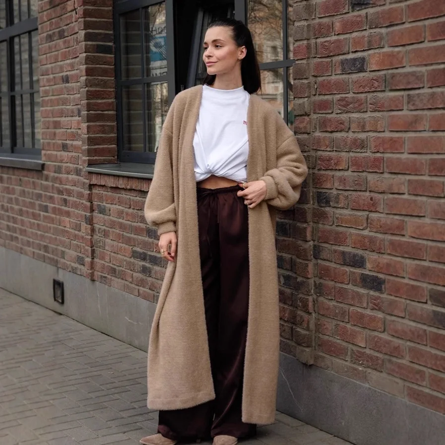 الخريف المرأة فو المنك سترة بلون الدانتيل يصل الخصر حزام معطف لسيدة مترهل نمط طويل الإناث سترة صوفية #3