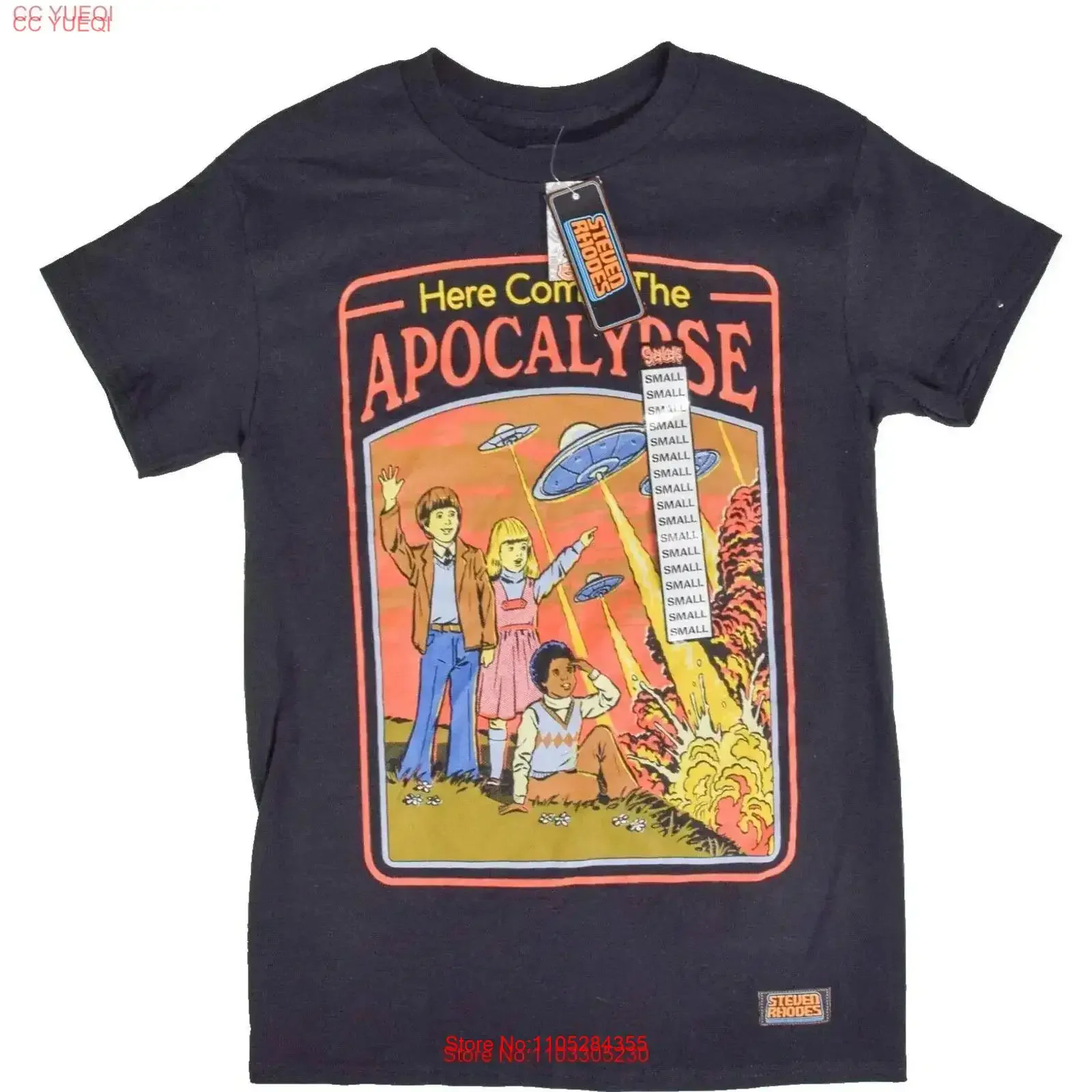 NWT Spencers Steven Rhodes Here Comes The Apocalypse Black T shirt Size S vintage Washed Casual Unisex Slightly homme Stylish