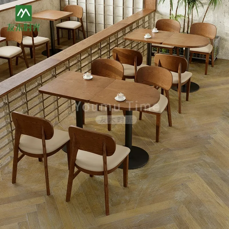 custom.Contemporary Caf Dining Table and Chair Combination Walnut Style Solid Wood Restaurant Chair Milk Tea Dessert Shops