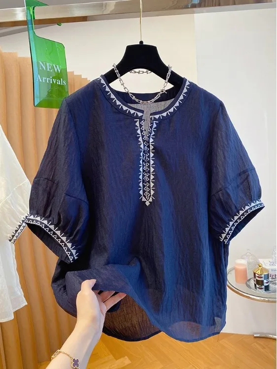 

n Sle Embroidered Loose Fit ort Sve Summer Thin Silk Women's Top Comfortable Breathable Casual irt