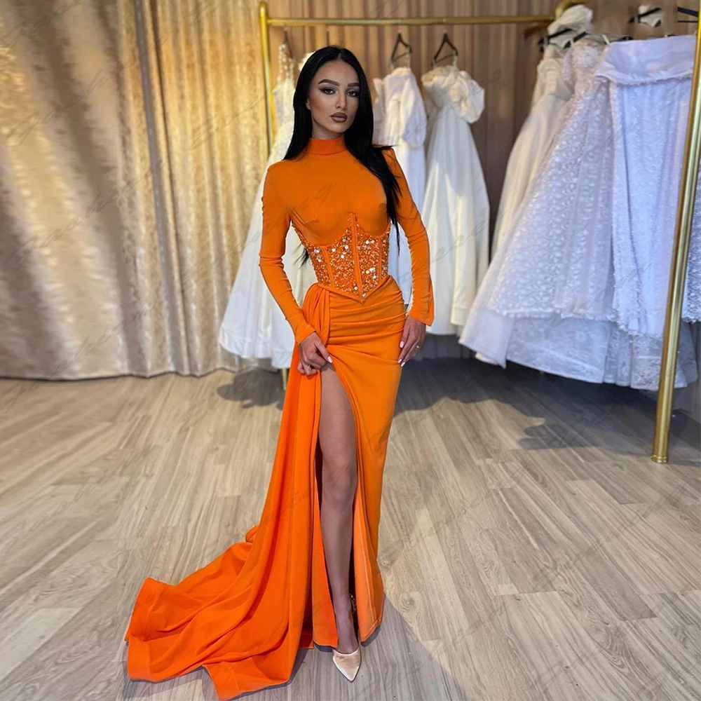 Fashion Sexy Romantic Evening Dresses Fashion Exquisite Long Sleeved High Slit Beautiful Gorgeous Satin Mopping Prom Gowns 2024