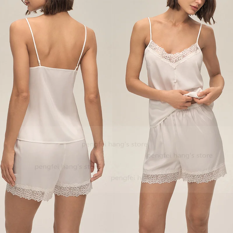 

White Solid Color Women Ice Silk Pajamas Sleepwear Pajama Set Satin Camisole Shorts Low Cut Comfortable Casual Summer