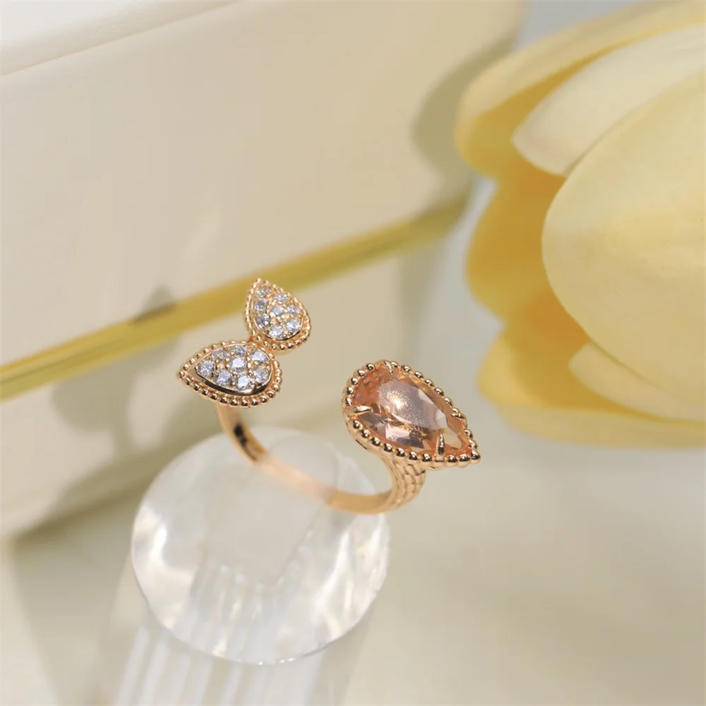 Diamond Set Water Drop Ring Pink Crystal Opening Ring High-End Fashion Trend Personalized Ring 2024 New Ring