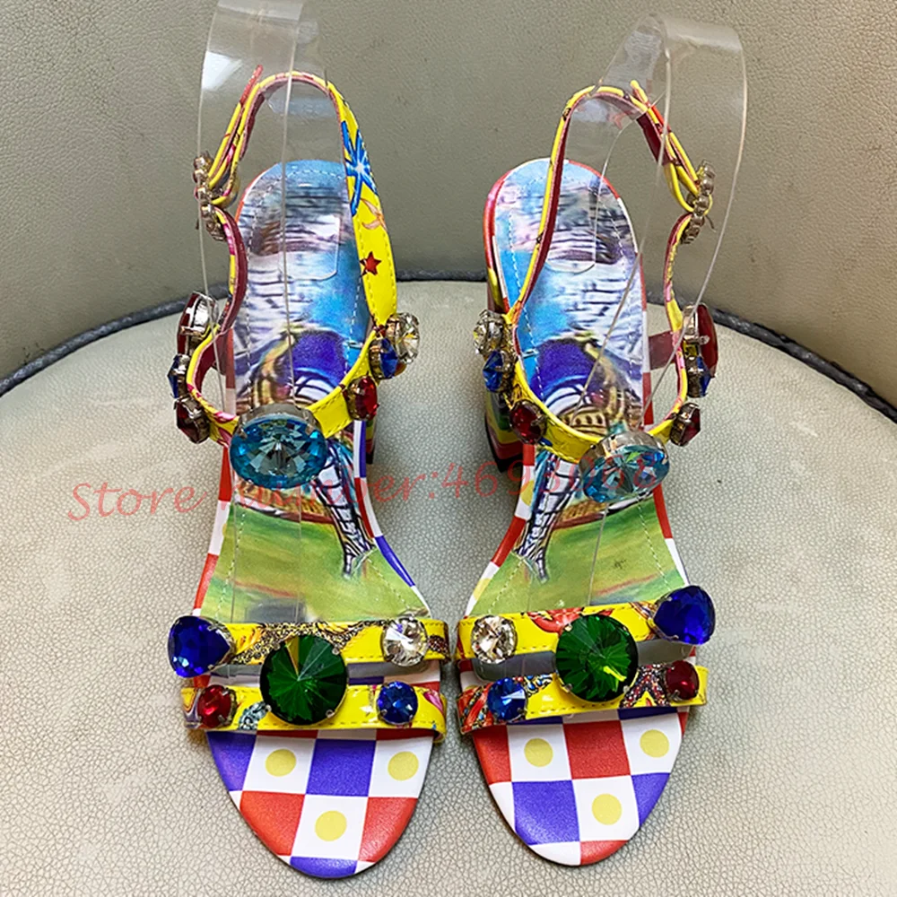 Luxury Gem Colorful Sandals Women Bright Crystal Flowers Shoes Bling High Chunky Heels Sandals Bohemian Women Summer Shiny Shoes