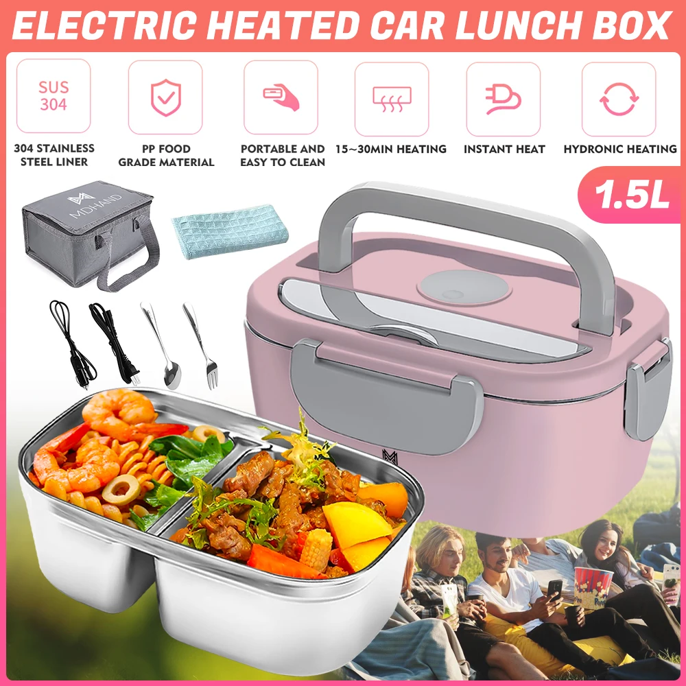 1.5L 65W Electric Lunch Box Food Warmer Portable Food Heater for Car Or Home - Leak Proof 304 Stainless Steel Liner with Cloth
