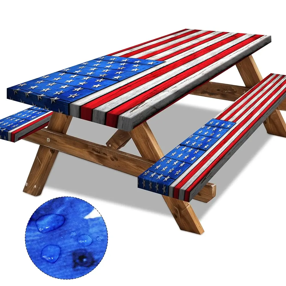 

Набор чехлов для пикникового стола с американским флагом и чехлами для скамеек, водонепроницаемые, ветрозащитные, с текстурой дерева, для кемпинга, прямоугольные, облегающие