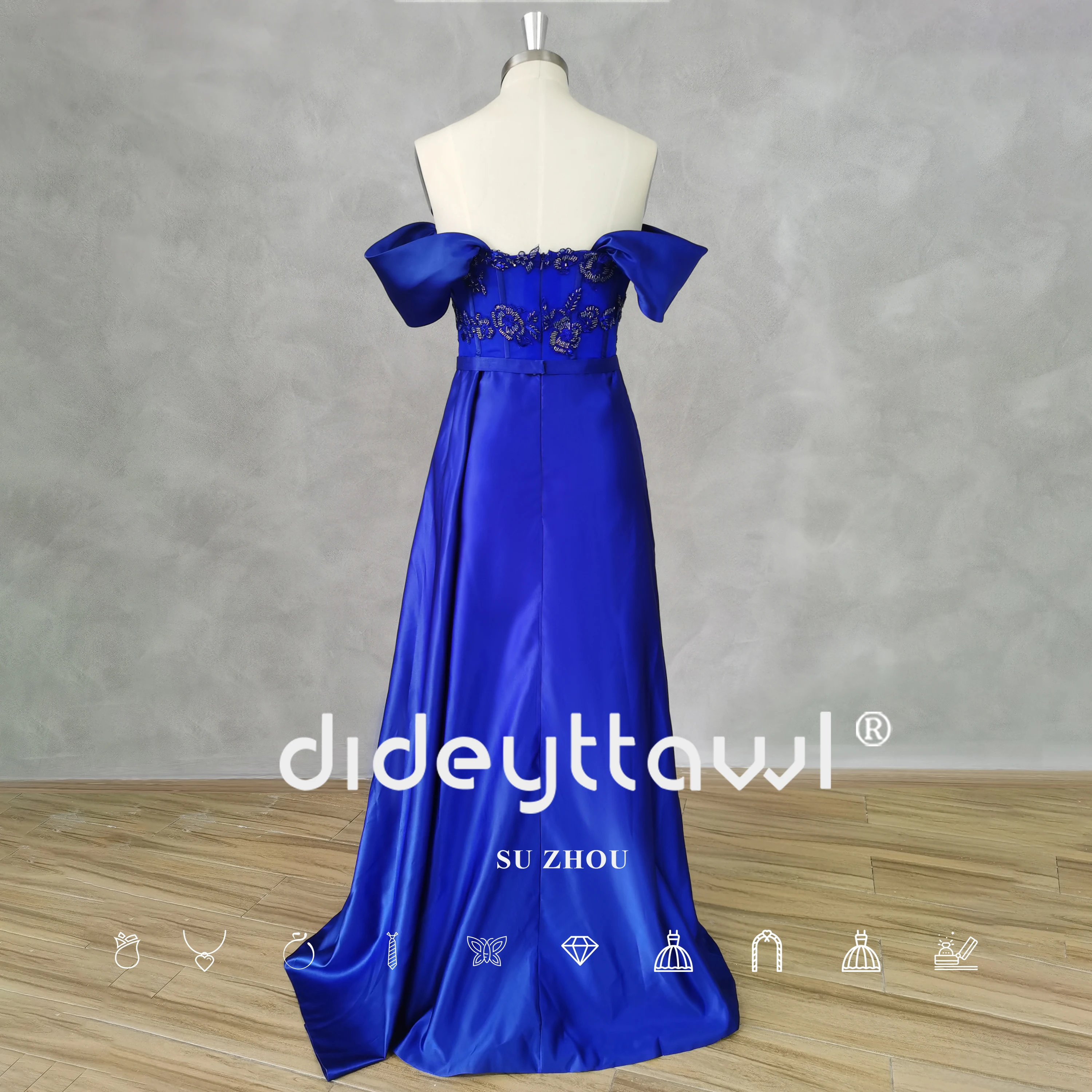 DIDEYTTAWL-vestido de fiesta de satén con hombros descubiertos, vestido fruncido de sirena con escote Corazón, apliques de abertura lateral alta, fotos reales, Azul Real