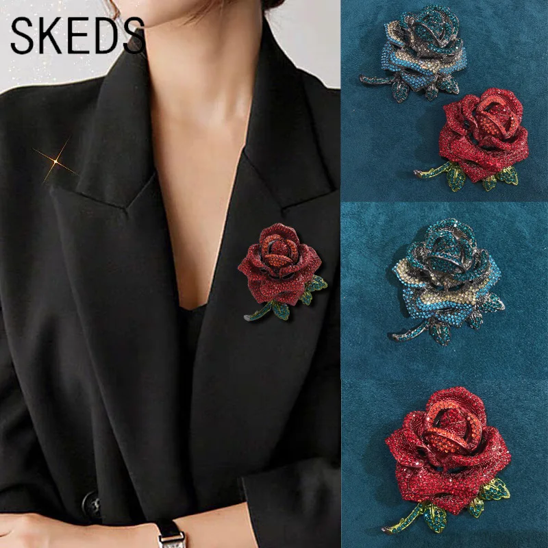 Women Elegant Rose Full Rhinestone Brooch Pin Fashion Retro Accessories Jewelry For Lady Trendy Flower Brooches Pins Party Gift