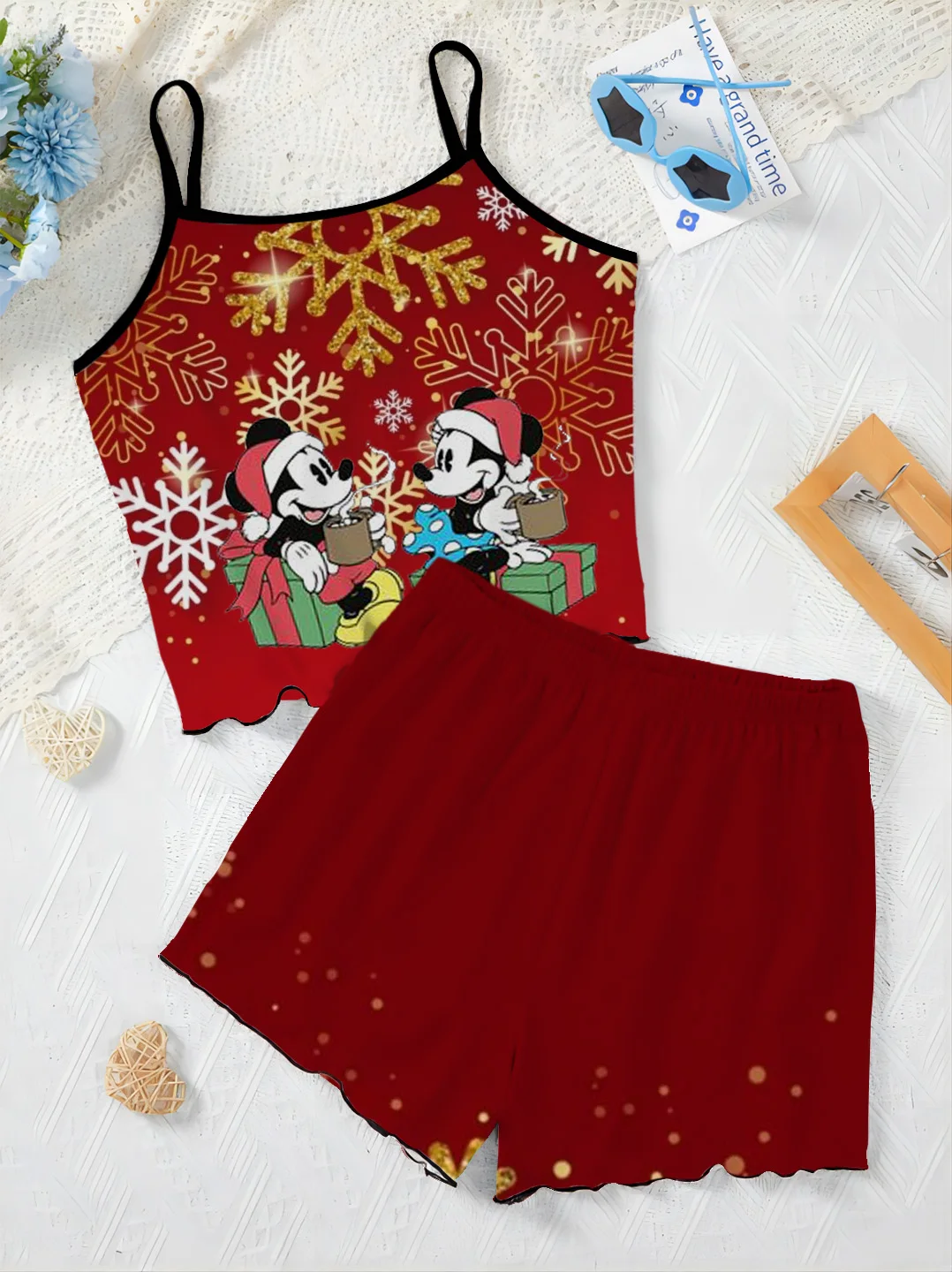 Minnie Mouse Home Dress Lettuce Trim Elegant Women's Sets for Women 2 Pieces Top T-shirt Mickey Christmas Disney Pajama Skirt