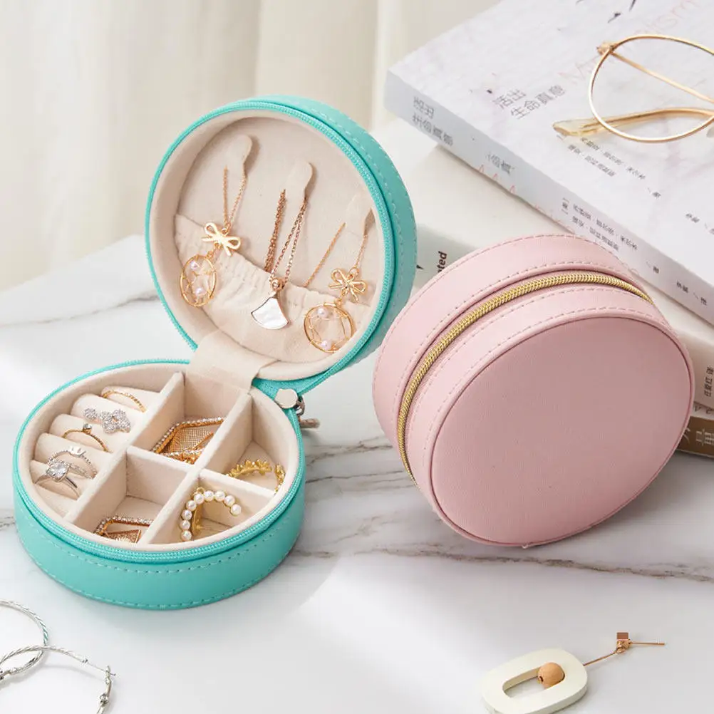 

Round PU Jewelry Storage Box for Necklaces Earrings Rings Pendants Brooches Hairpins Elegant Desktop Organizer Home