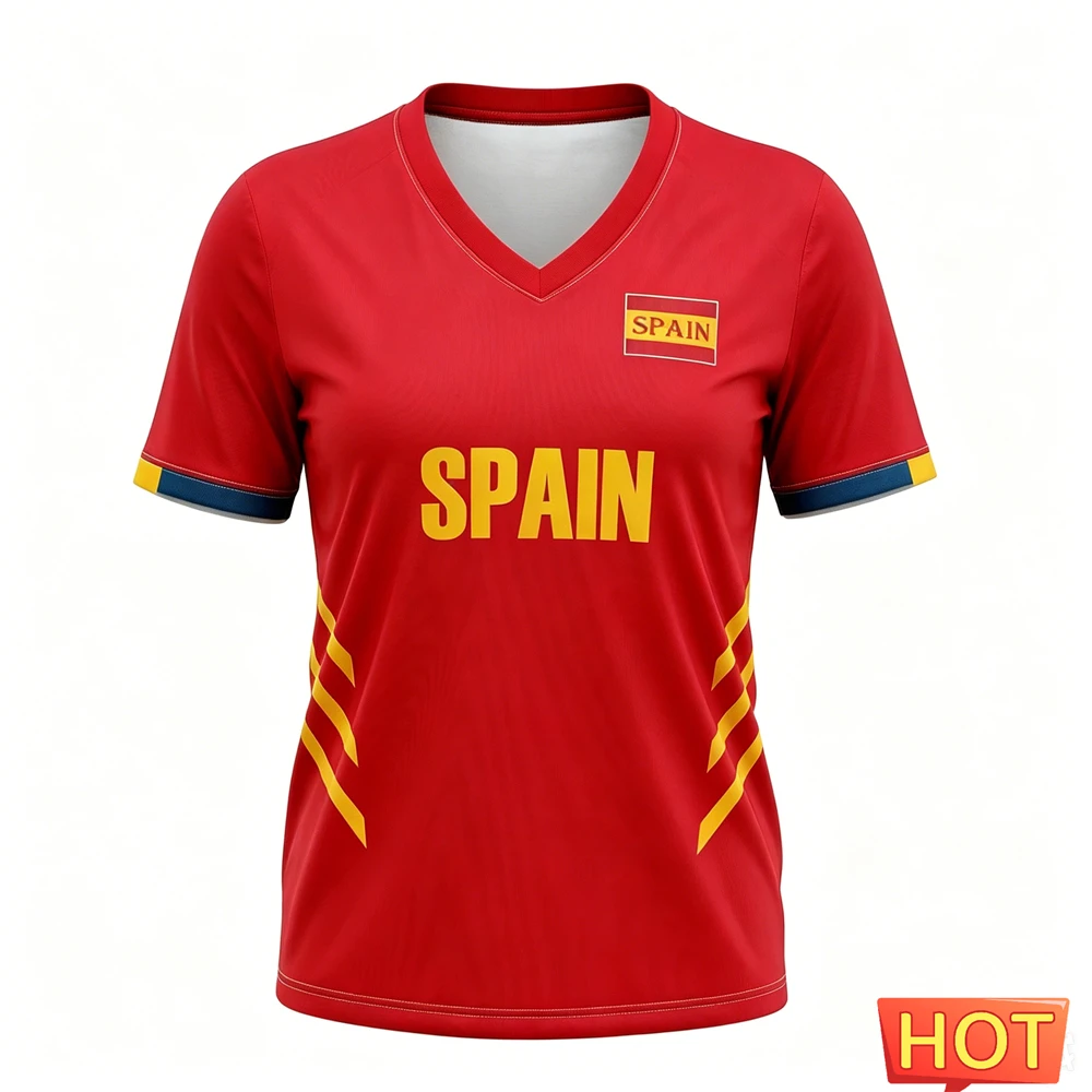 Adult Spain Soccer Jersey V Neck Plain Red Fabric Print Gold Strip Decoration Motifs 2026 Athletic Emblem Fan Football Shirt
