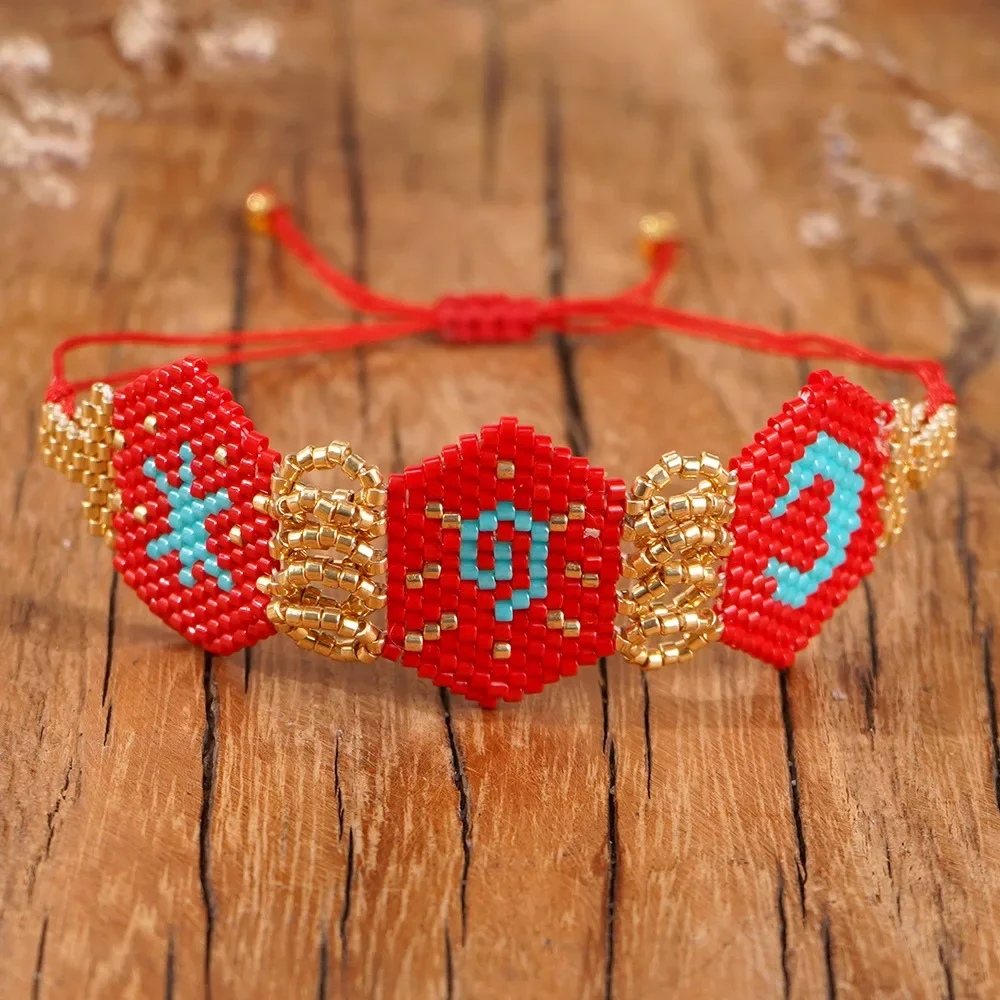 ZGMXR Rice bead bracelet Creativity Geometry Hand-woven Irregular Pattern Bohemia Adjustable Red Female Fashion Beaded bracelet