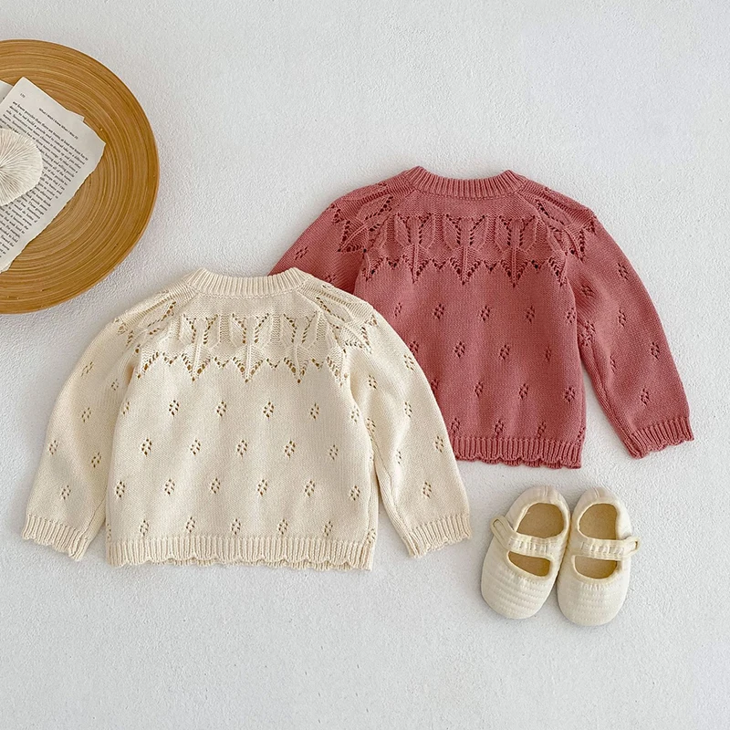 New Infant Baby Girls Knitting Cardigan Long Sleeve Solid Color Hollow Out Autumn Spring Newborn Baby Girls Sweater Coat