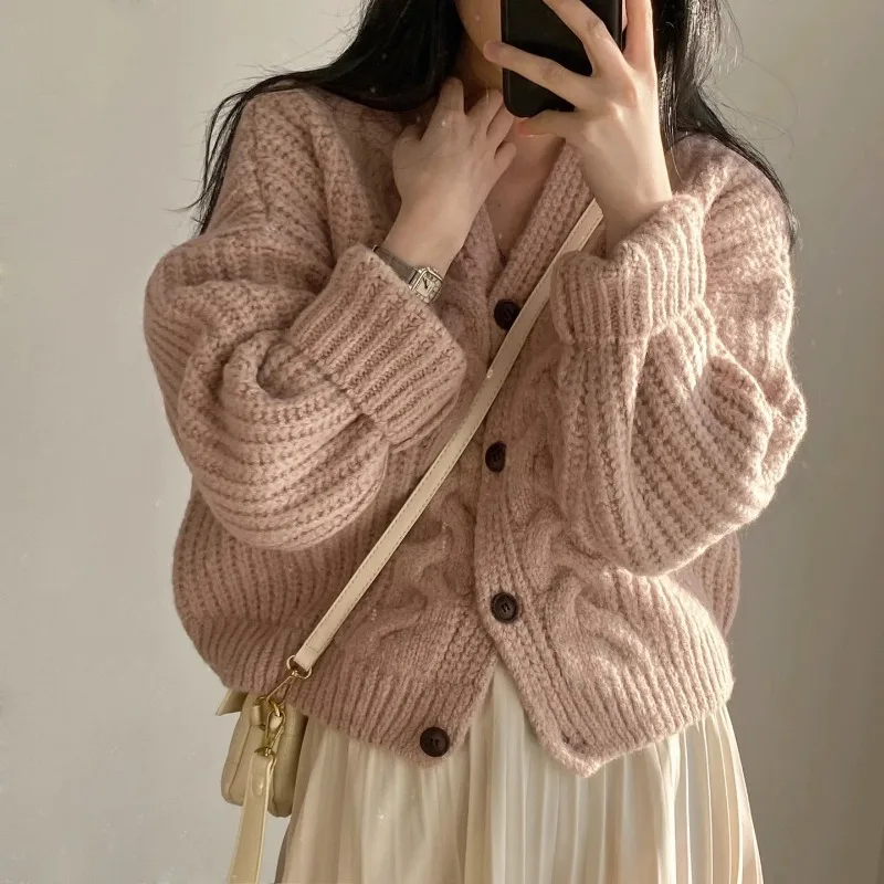 

Women's Cable Knit Cardigan Korean French Style Long Sleeve Open Front Sweater Petite Oversized Knitted Coat Chunky Fall Winter