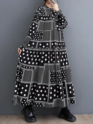 Patchwork Polka Dot Print Vintage Jurken Voor Vrouwen Nieuwe Lange Mouw Losse Casual Midi Jurk Mode Elegante Kleding Herfst 2025