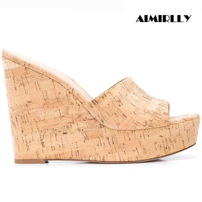 

Women Cork Platform Wedge Mule Sandals Open Toe Slip On High Heel Summer Casual Beach Shoes Beige & White