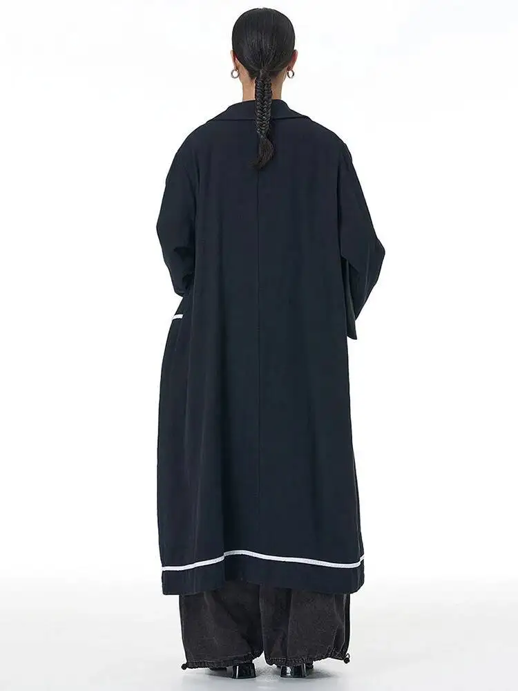 Women Black Color-block Big Size Long Trench New Lapel Long Sleeve Windbreaker Fashion Tide Spring Autumn
