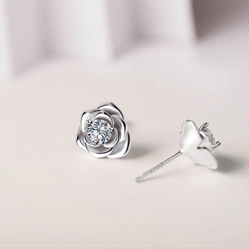 925 Silver Earrings Rose Flower for Women Sterling-Silver Wedding Jewelry Elegant Female Accessories Fashion 5A ZirconGift