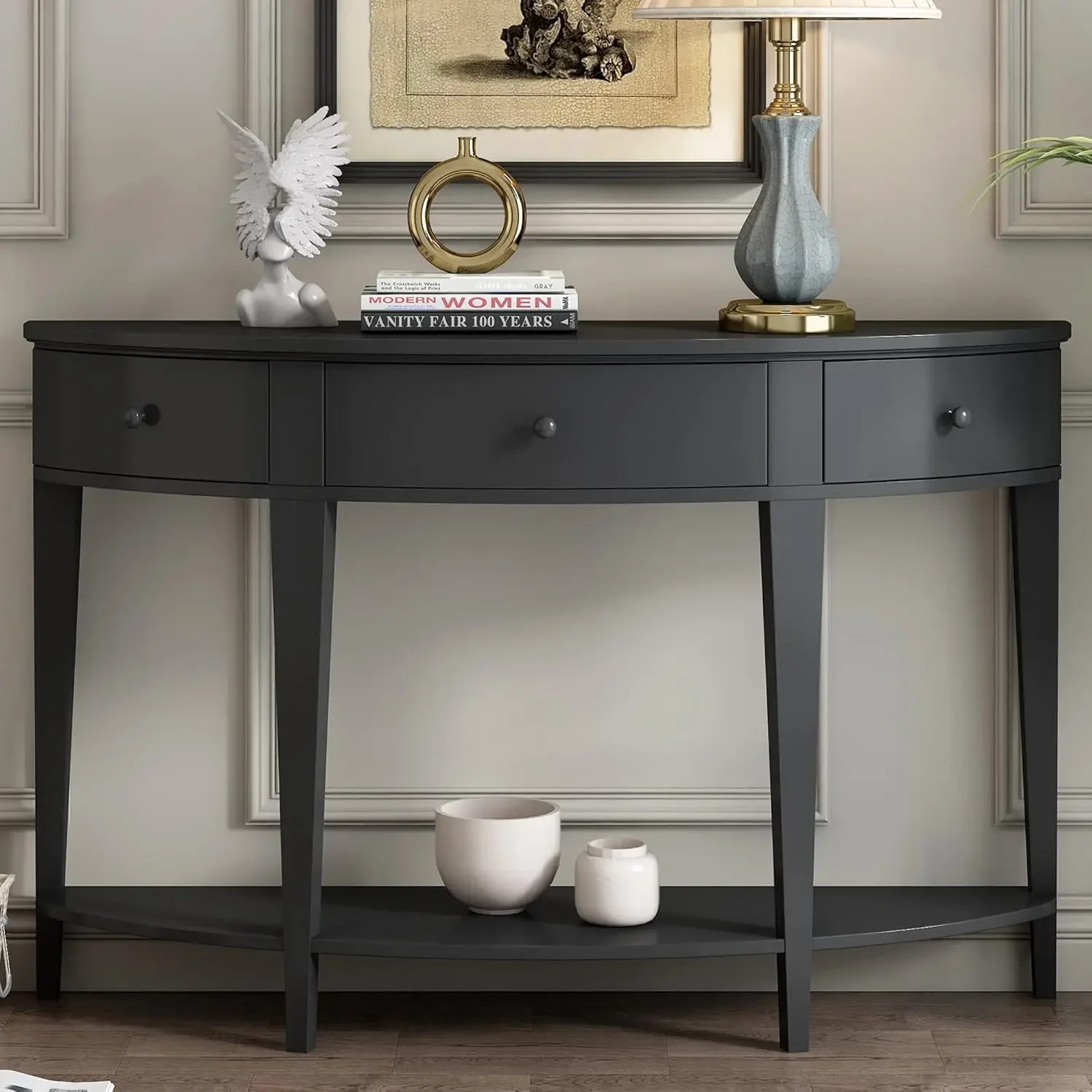 [صفقة ساخنة، أفضل بائع! ] طاولة كونسول منحنية حديثة مقاس 51 بوصة، طاولة أريكة مدخل نصف قمر مع أدراج ورف تخزين مفتوح