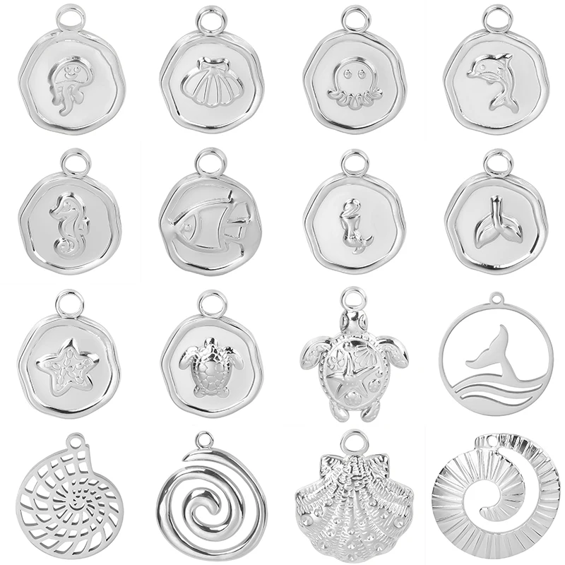 Titanium Steel Charm Silver Color Sea Animal Starfish Tail Sea Wave Shape Stainless Steel Charms For Jewelry Making Bulk Pendant