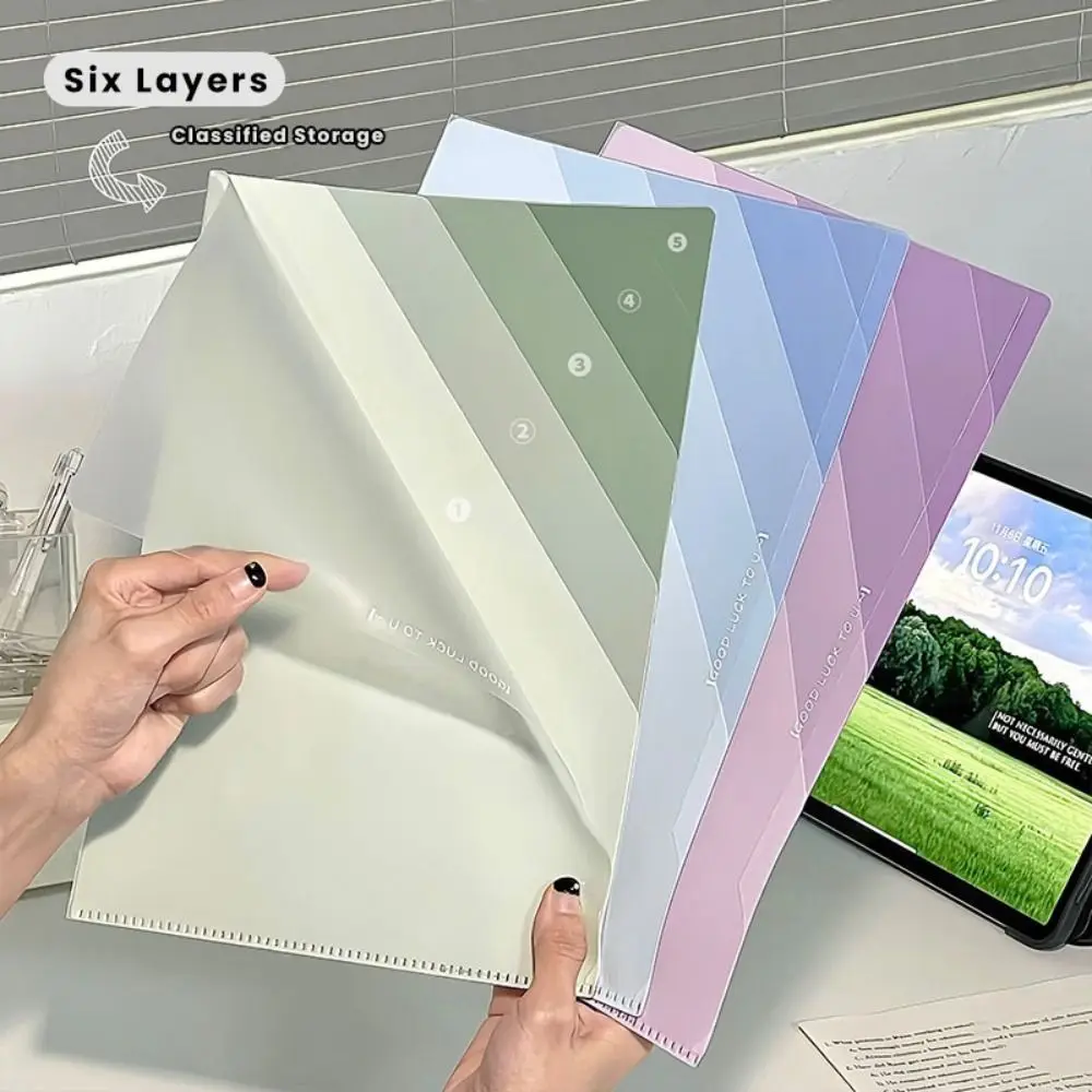 Simple PP A4 File Folder Gradient Color L-shaped Document Bag Six-Layer Large Opening Test Paper Storage Clip School Office