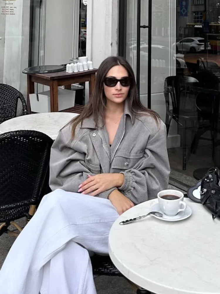 

Grey Oversized Cropped Jackets Women Casual Coats Long Sleeve Zipper Pockets Loose Fit Daily High Street 2025 Autumn Outerwears