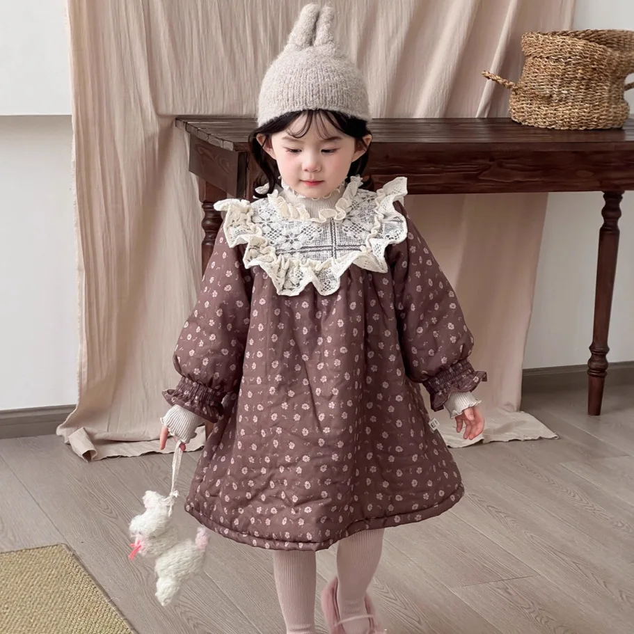 

2025 New Autumn and Winter Kids Clothing Girls Quilted Floral Dress Children's Korean Style Lace Collar Cotton Skirt Boutique